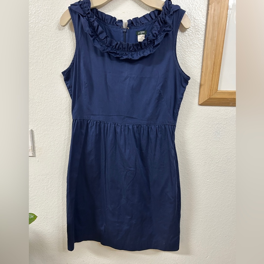 J Crew Navy Ruffle Neck Sleeveless Sheath Dress Size 8 Knee Length Cotton Pocket